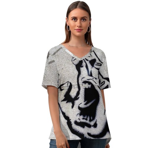 yanfind V Neck T-shirt for Women Graffiti Brussels Concrete Expression Yelling Wallpapers Skin Stencil Urban Rage Free Summer Top  Short Sleeve Casual Loose
