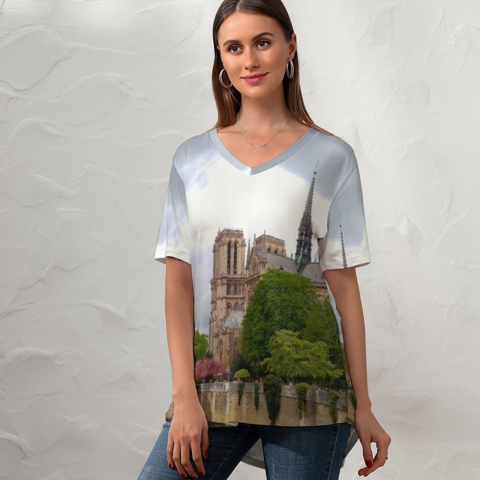 yanfind V Neck T-shirt for Women Castle Ditch Archbishopric Building Paris L'archevêché Canal Wallpapers Boat Moat De Summer Top  Short Sleeve Casual Loose