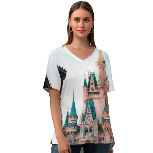 yanfind V Neck T-shirt for Women Castle Building Buena Lake Pole Architecture Outdoors Stock Free Church States Summer Top  Short Sleeve Casual Loose