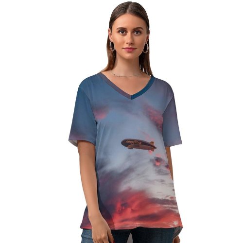 yanfind V Neck T-shirt for Women Airship Sky Wallpapers Dusk Beach Outdoors Free Hermosa Aircraft Pictures Vehicle Summer Top  Short Sleeve Casual Loose