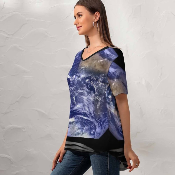yanfind V Neck T-shirt for Women Space Earth Lunar Reconnaissance Orbiter Camera Summer Top  Short Sleeve Casual Loose