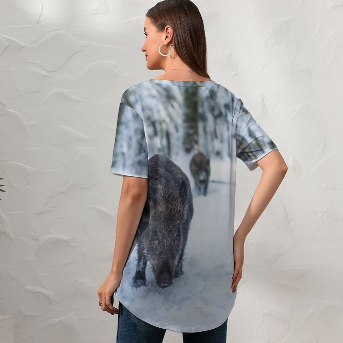yanfind V Neck T-shirt for Women Hog Wildlife Wallpapers Grey Pictures Pig Dog Boar Pet Bear Free Summer Top  Short Sleeve Casual Loose