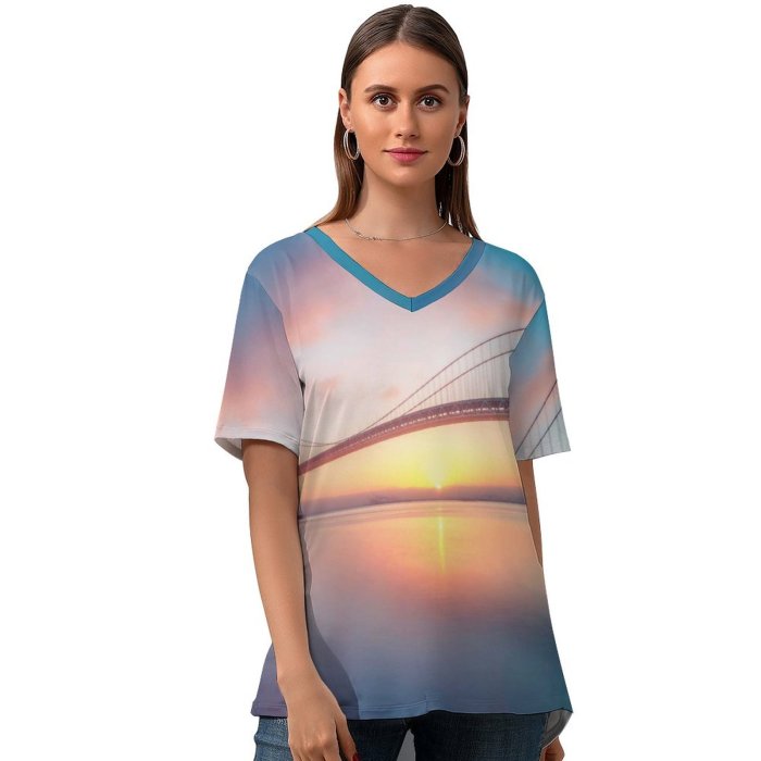 yanfind V Neck T-shirt for Women Oakland Bay Bridge San Francisco California Sunrise Exposure Landscape Summer Top  Short Sleeve Casual Loose