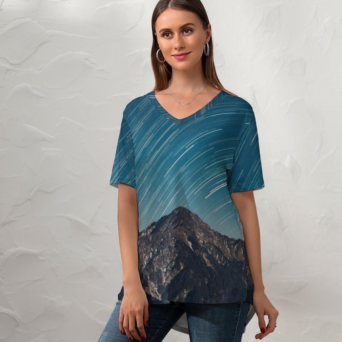 yanfind V Neck T-shirt for Women Ricardo Space Star Trails Mountain Range Astronomy Outer Space Landscape Dusk Summer Top  Short Sleeve Casual Loose