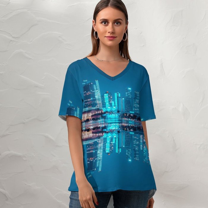 yanfind V Neck T-shirt for Women Pang Yuhao City Singapore Hour Night Life Cityscape Reflection Symmetrical Skyscrapers Sky Summer Top  Short Sleeve Casual Loose