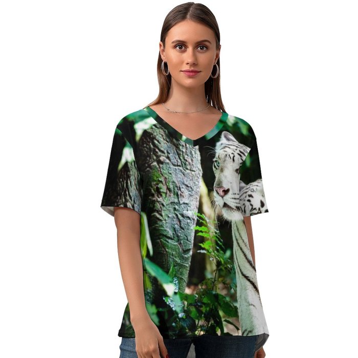 yanfind V Neck T-shirt for Women Simon Bardet Tiger Bengal Tiger Forest Daytime Big Cat Summer Top  Short Sleeve Casual Loose