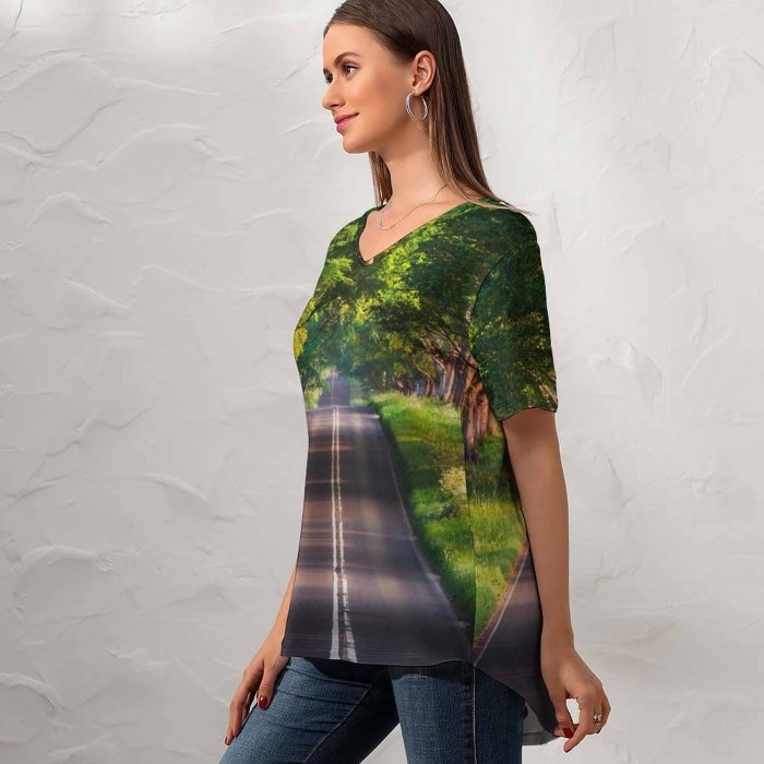 yanfind V Neck T-shirt for Women Sven Muller Blandford Road Empty Road Trees Landscape Woods Greenery Scenery Summer Top  Short Sleeve Casual Loose