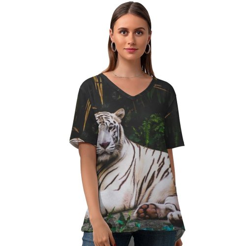 yanfind V Neck T-shirt for Women Smit Patel Tiger Forest Leaves Dark Big Cat Predator Wildlife Greenery Summer Top  Short Sleeve Casual Loose