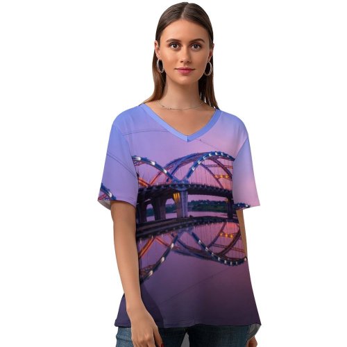yanfind V Neck T-shirt for Women Quang Anh Ta Dragon Bridge Sunset Dawn Reflection Arch Bridge Hàn River Summer Top  Short Sleeve Casual Loose