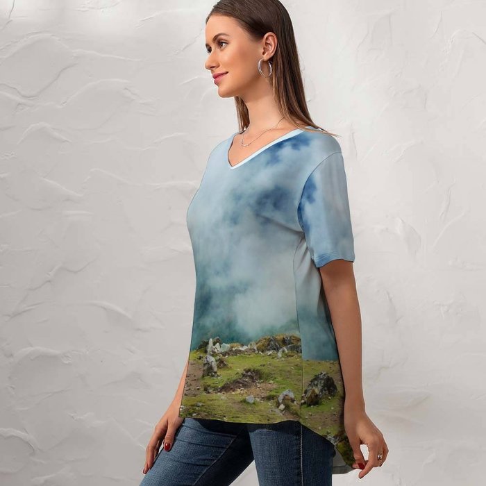 yanfind V Neck T-shirt for Women Fog Country Hillside Landscape Hiking Riding Grass Wallpapers Mountain Outdoors Rock Summer Top  Short Sleeve Casual Loose