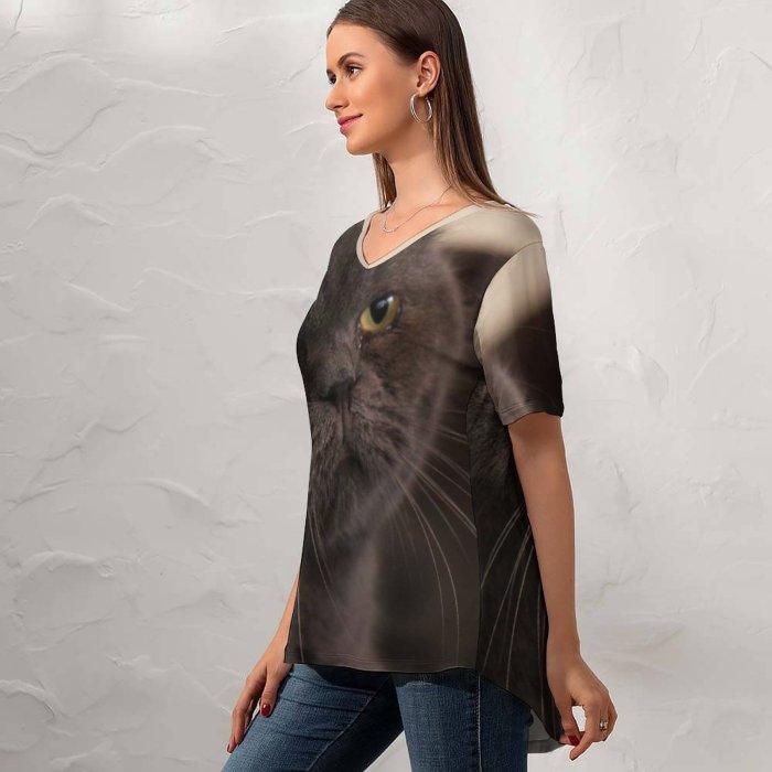 yanfind V Neck T-shirt for Women Lovely Pet Cafe Manx Wallpapers Closeup Stock Free Pictures Cat Grey Summer Top  Short Sleeve Casual Loose