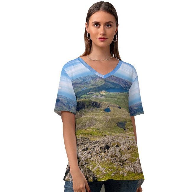 yanfind V Neck T-shirt for Women Shoreline Ground Ocean Land Landscape Wallpapers Sea Mountain Outdoors Scenery Slope Summer Top  Short Sleeve Casual Loose