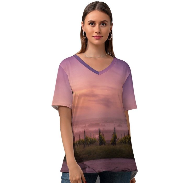 yanfind V Neck T-shirt for Women Landscape Sky Wallpapers Dusk Plant Outdoors Tree Scenery Stock Free Warm Summer Top  Short Sleeve Casual Loose