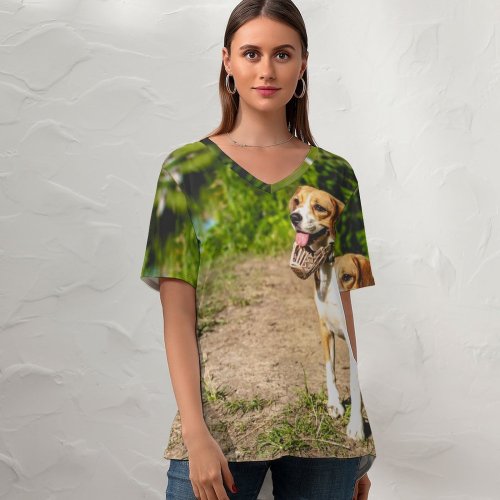 yanfind V Neck T-shirt for Women Ground Pet Eye Hound Grass Wallpapers Pedigreed Beagle Stock Free Aquatic Summer Top  Short Sleeve Casual Loose