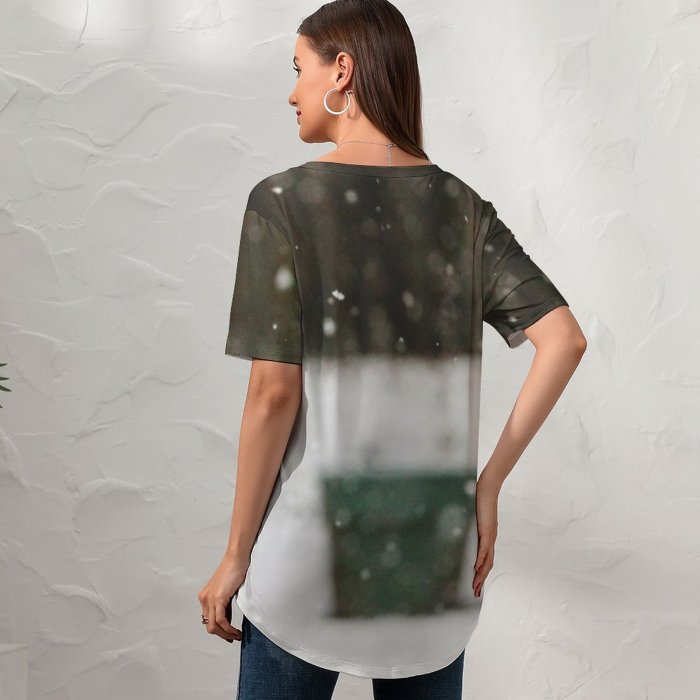 yanfind V Neck T-shirt for Women Planter Snowing Blurry Falling Pot Snow Wallpapers Outdoors Garden Stock Free Summer Top  Short Sleeve Casual Loose