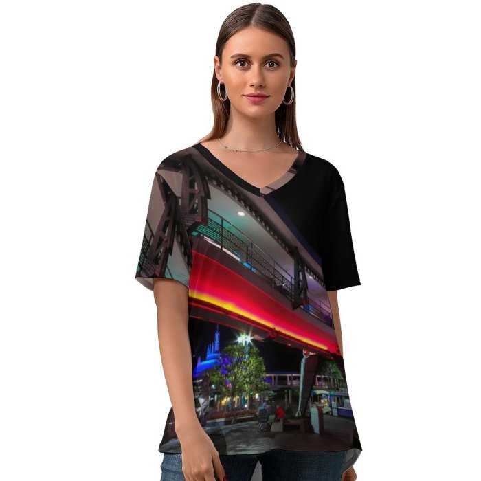 yanfind V Neck T-shirt for Women Tomorrowland Building Buena Public Lake Architecture Urban Disney Road Magic Meal Summer Top  Short Sleeve Casual Loose