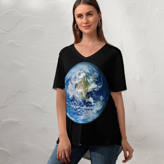 yanfind V Neck T-shirt for Women Space Earth IOS Summer Top  Short Sleeve Casual Loose