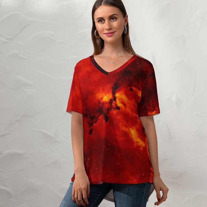 yanfind V Neck T-shirt for Women Space Solar Flares Fire Outer Space Blazing Galaxy Summer Top  Short Sleeve Casual Loose