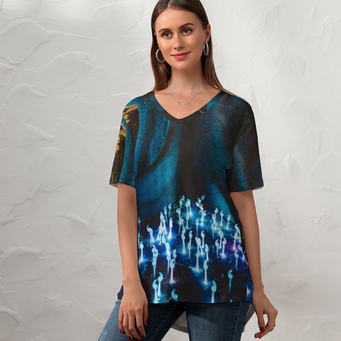 yanfind V Neck T-shirt for Women Vivid Night Darkness Fantasy Wallpapers Mushroom Tree Fountain Glowing Free Trunk Summer Top  Short Sleeve Casual Loose