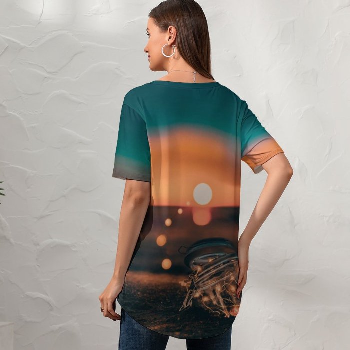 yanfind V Neck T-shirt for Women Toronto HQ Jar Wallpapers Lightbulb Beach Lake Supernatural Mystical Magic Lights Summer Top  Short Sleeve Casual Loose