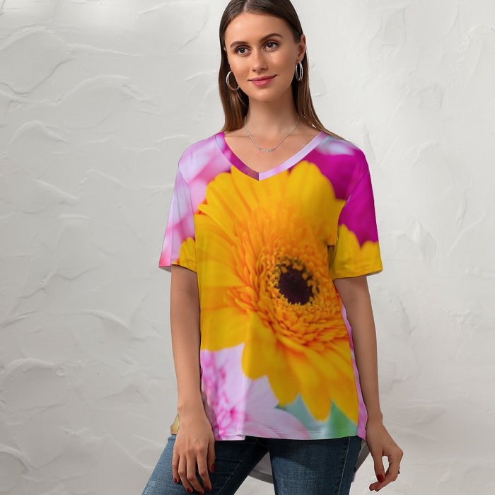 yanfind V Neck T-shirt for Women Skitterphoto Flowers Gerbera Daisy Flower Closeup Macro Blurred Selective Focus Vibrant Colorful Summer Top  Short Sleeve Casual Loose