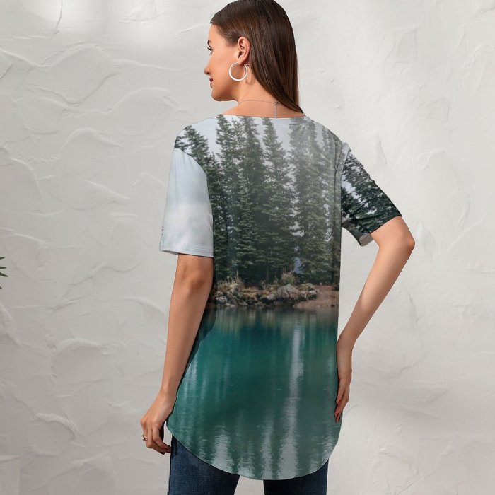 yanfind V Neck T-shirt for Women Shoreline Fir Ocean Land Wallpapers Sea Plant Lake Mountain Outdoors Tree Summer Top  Short Sleeve Casual Loose