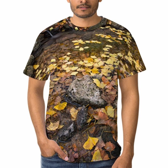 yanfind Adult Full Print Tshirts (men And Women) Fall Fountain Pond Hdr Leaves Leaf Leafs Foliage Rock Rocks Rocky Stone