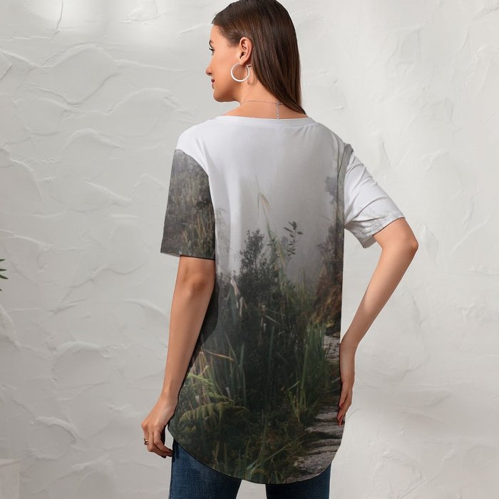yanfind V Neck T-shirt for Women Yoga Peru Path Reed Building Flora Backpacking Grass Plant Agavaceae Free Summer Top  Short Sleeve Casual Loose