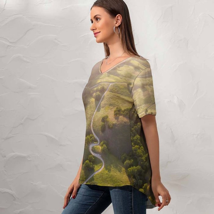 yanfind V Neck T-shirt for Women Land Landscape Aerial Wallpapers Plant Outdoors Tree Scenery Stock Free Art Summer Top  Short Sleeve Casual Loose