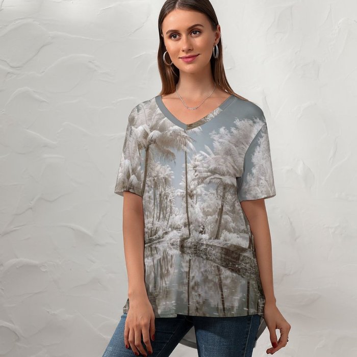 yanfind V Neck T-shirt for Women Frost India River Snow Wallpapers Wildlife Kerala Outdoors Tree Summer Coconut Summer Top  Short Sleeve Casual Loose
