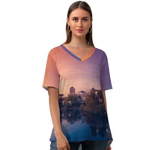 yanfind V Neck T-shirt for Women Sunset Purple Sky Colorful Sky Village Palm Trees Flying Birds Reflection Summer Top  Short Sleeve Casual Loose