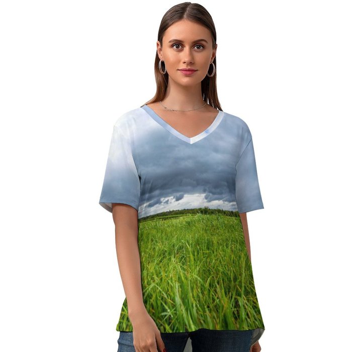 yanfind V Neck T-shirt for Women Paddy Cheshire Grassland Landscape Grass Sky Wallpapers Meadow Studios Outdoors Hall Summer Top  Short Sleeve Casual Loose