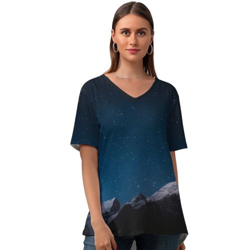 yanfind V Neck T-shirt for Women Massif Midi Night Blanc Alps Landscape Snow Sky Wallpapers Mountain Mont Summer Top  Short Sleeve Casual Loose