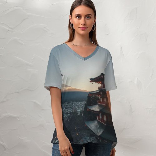 yanfind V Neck T-shirt for Women Building HQ Japan Public Flare Wallpapers Architecture Mountain Outdoors Cool Pictures Summer Top  Short Sleeve Casual Loose