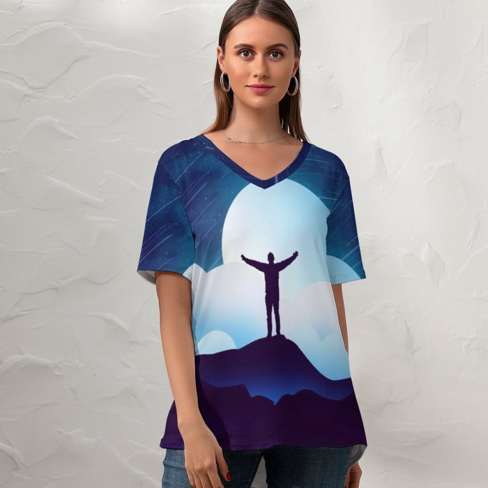 yanfind V Neck T-shirt for Women Shaurya Singh Fantasy Alone Silhouette Moon Night Clouds Starry Sky Summer Top  Short Sleeve Casual Loose