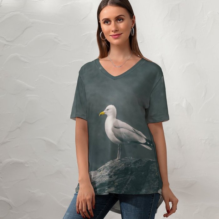 yanfind V Neck T-shirt for Women Shoreline Feathers Shore Seagull Wild Bill Wallpapers Sea Wildlife Stock Free Summer Top  Short Sleeve Casual Loose