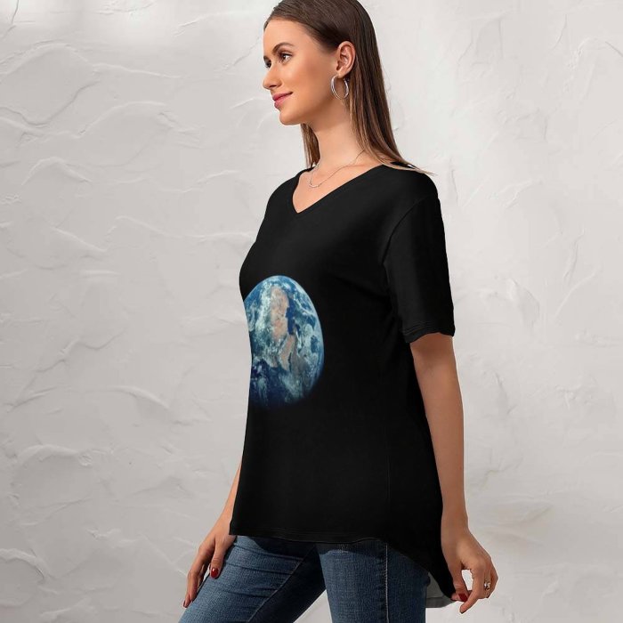 yanfind V Neck T-shirt for Women Raziel Abulafia Space Black Dark Earth Atmosphere Planet Summer Top  Short Sleeve Casual Loose