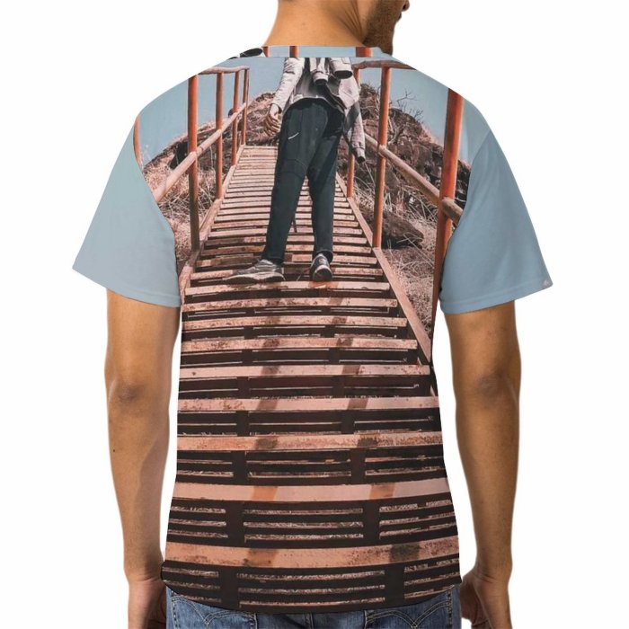 yanfind Adult Full Print T-shirts (men And Women) Guy Hiking Hill Metal Stairs Outdoors Perspective Steep Travel