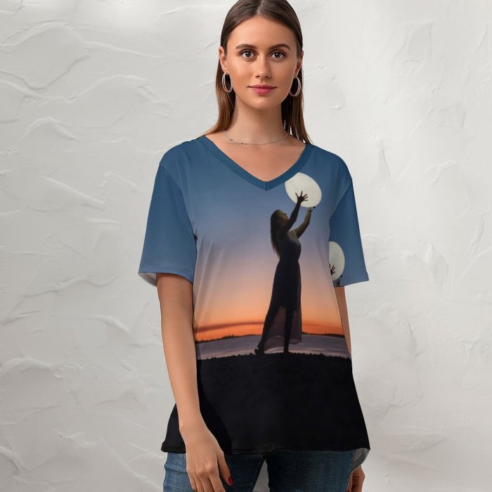 yanfind V Neck T-shirt for Women Ruvim Girl Moon Beach Sunset Summer Top  Short Sleeve Casual Loose