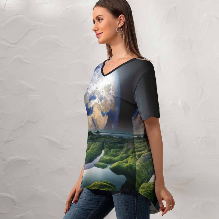 yanfind V Neck T-shirt for Women PIROD Space Earth Stars Solaris Sea Summer Top  Short Sleeve Casual Loose
