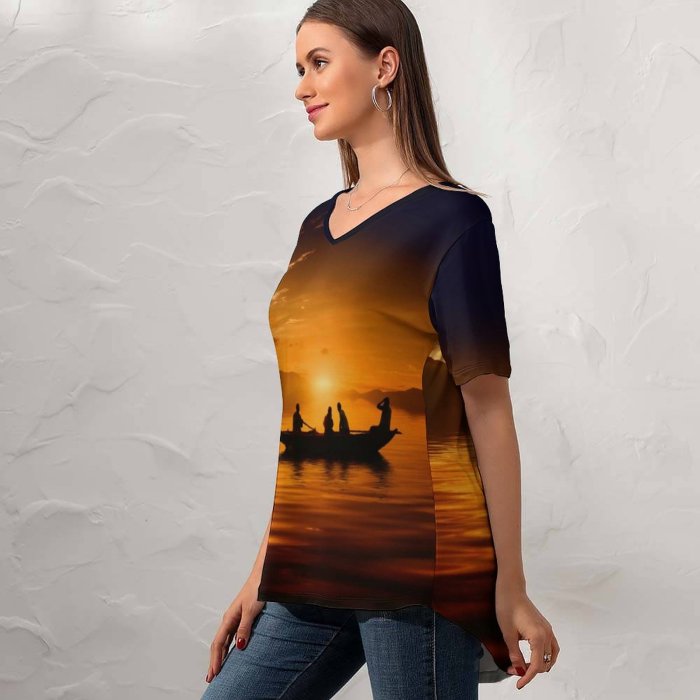 yanfind V Neck T-shirt for Women Sunset Boat Silhouette Dusk Summer Top  Short Sleeve Casual Loose