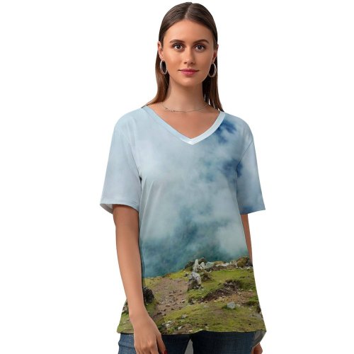 yanfind V Neck T-shirt for Women Fog Country Hillside Landscape Hiking Riding Grass Wallpapers Mountain Outdoors Rock Summer Top  Short Sleeve Casual Loose