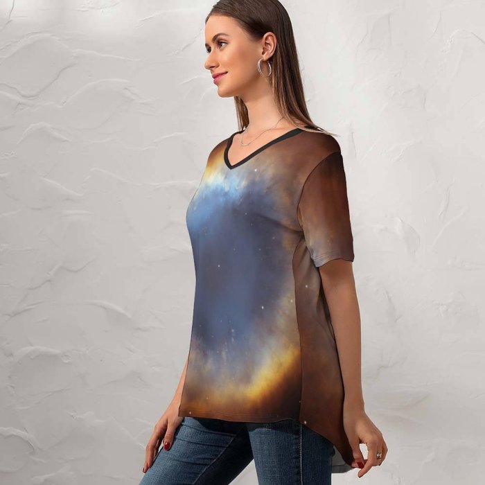 yanfind V Neck T-shirt for Women Space Black Dark Helix Nebula Constellation Aquarius Galaxy Astronomy Stars Dark Eye Summer Top  Short Sleeve Casual Loose