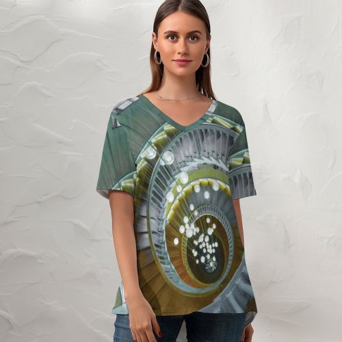 yanfind V Neck T-shirt for Women Spiral Staircase Chandelier Wooden Stairs Summer Top  Short Sleeve Casual Loose