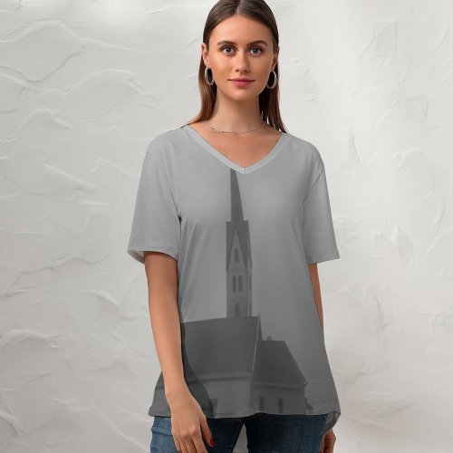 yanfind V Neck T-shirt for Women Italians Monumento Imigrante Fog Catholic Building Morro Boa Wallpapers Sc Ao Summer Top  Short Sleeve Casual Loose