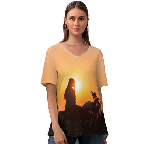 yanfind V Neck T-shirt for Women Sunset Motorcycle Silhouette Golden Hour Summer Top  Short Sleeve Casual Loose