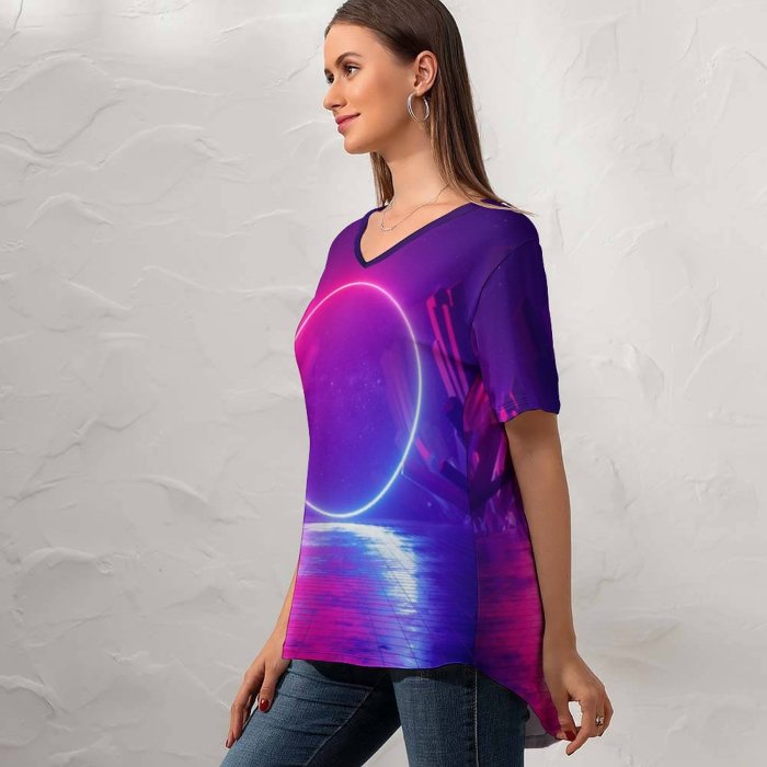 yanfind V Neck T-shirt for Women SciFi Neon Light Ring Huawei Mediapad Summer Top  Short Sleeve Casual Loose