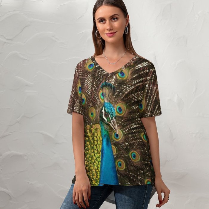yanfind V Neck T-shirt for Women Peafowl Peacock Indian Peafowl Peacock Train Summer Top  Short Sleeve Casual Loose