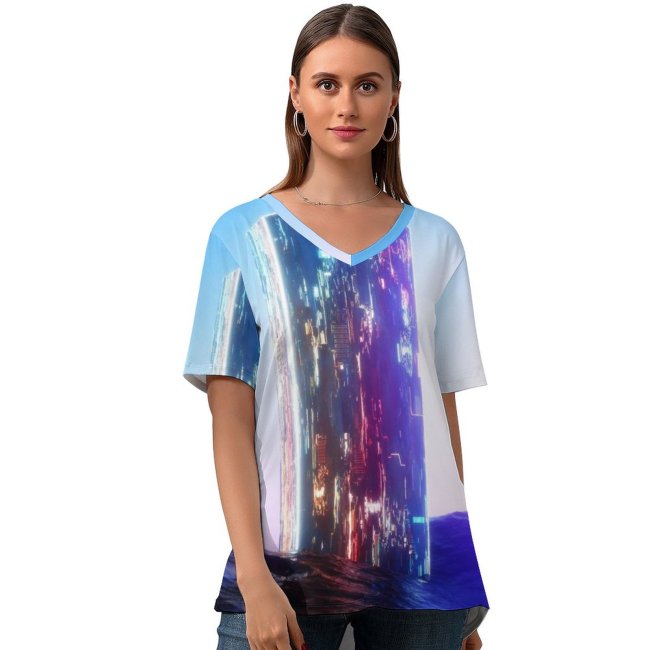 yanfind V Neck T-shirt for Women SciFi Extraterrestrial Ocean Neon Sunlight Summer Top  Short Sleeve Casual Loose