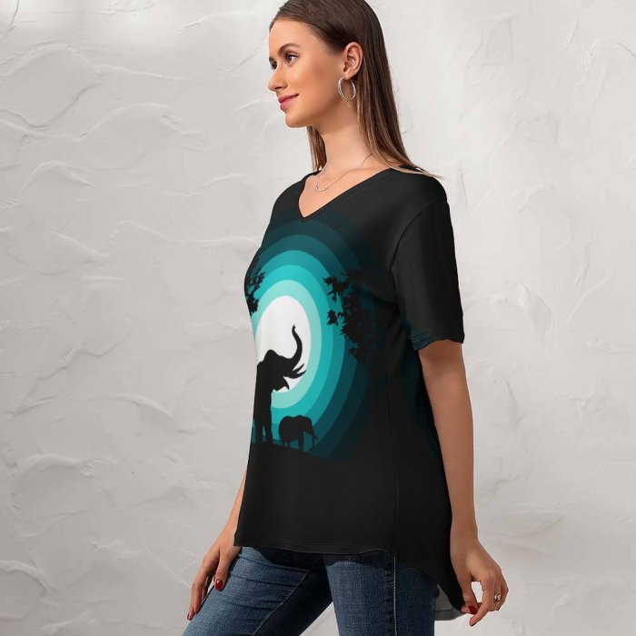 yanfind V Neck T-shirt for Women Suryapraveen Black Dark Minimal Elephant Elephant Cub Silhouette Night Teal Summer Top  Short Sleeve Casual Loose